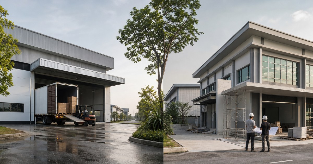Factory operator comparing purchase and lease costs for an industrial building in Malaysia