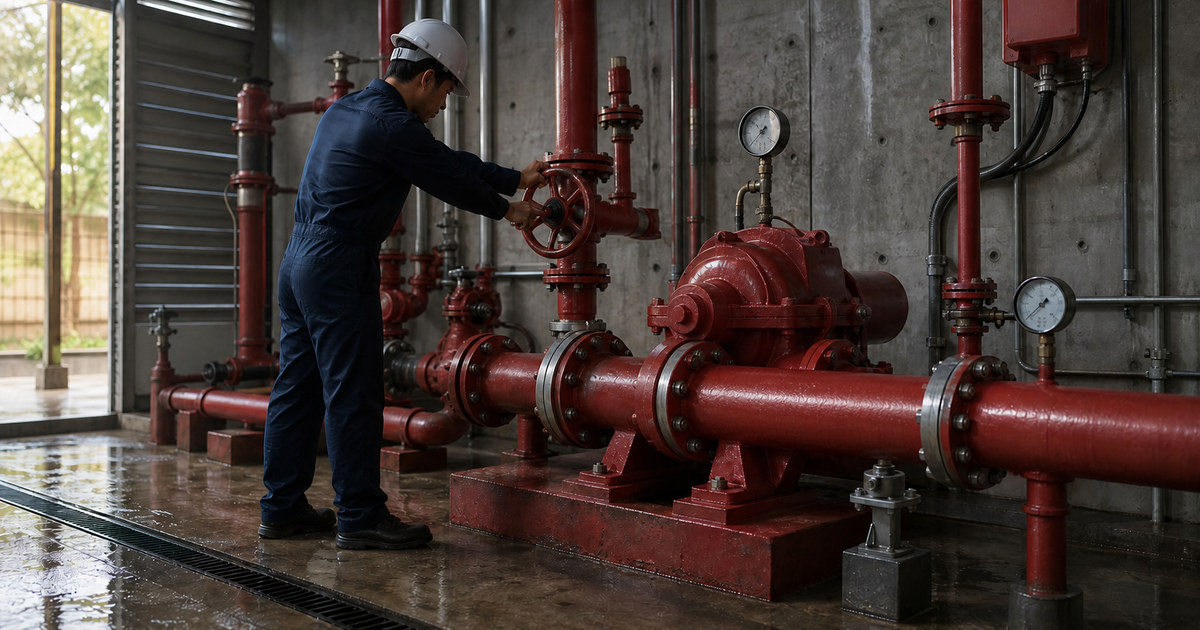 技术人员在仓库消防泵流量测试中操作无标识阀门
